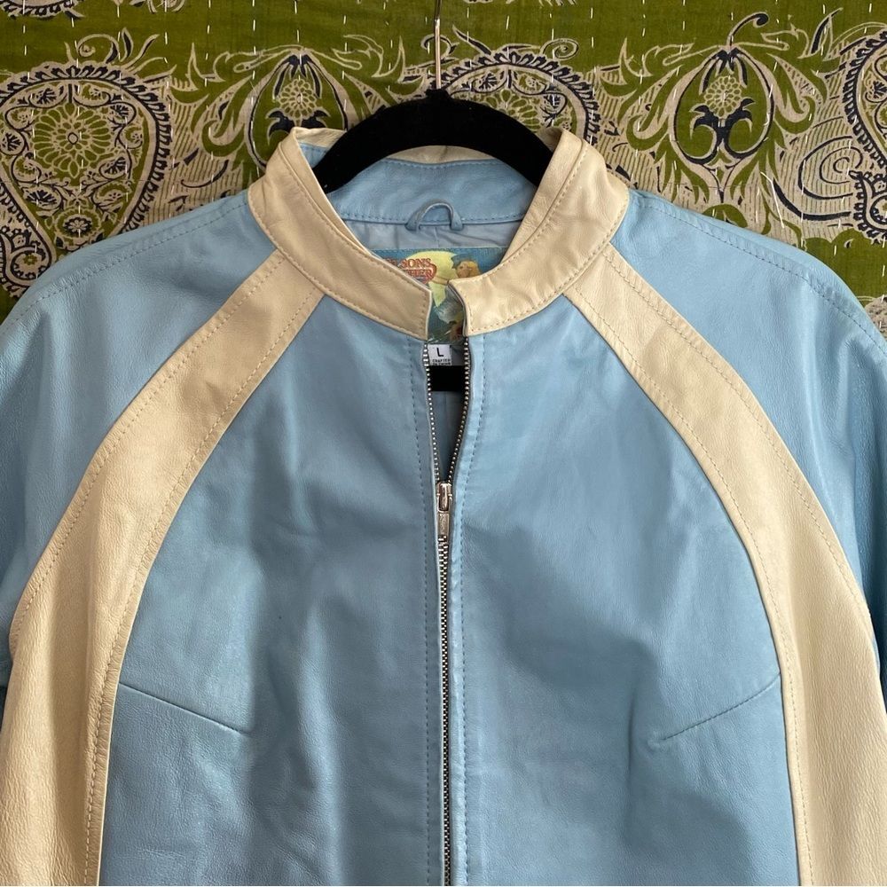 Rare VTG Y2K Wilsons Leather Baby Blue/ Cream Retro Moto Leather Jacket Large - Picture 2 of 8